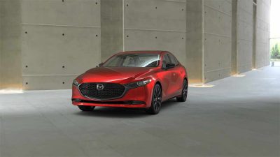 Mazda 3 sedán 2025, exterior color rojo, frente