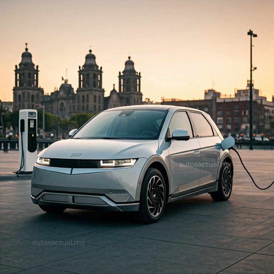 Auto eléctrico pequeño, compacto, cuatro puertas, en una toma de carga eléctrica, al fondo la Ciudad de México