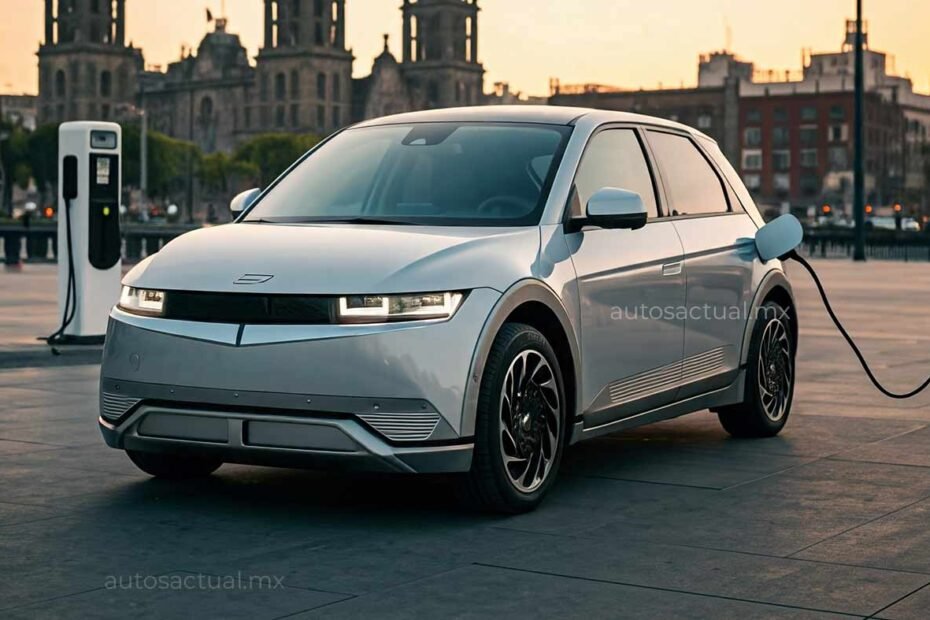 Auto eléctrico pequeño, compacto, cuatro puertas, en una toma de carga eléctrica, al fondo la Ciudad de México en un atardecer