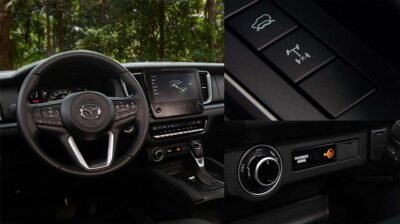 Nueva Mazda BT-50 2025 para México: interior, volante, asientos, consola, pantalla, mandos, controles y salidas y entradas USB